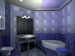Ремонт ванной:  ванная комната в сине-фиолетовых тона.