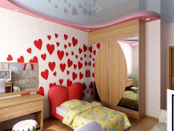 На стене использованы элементы сердечек. Особенно актуально для ремонта детской комнаты  для девочек.